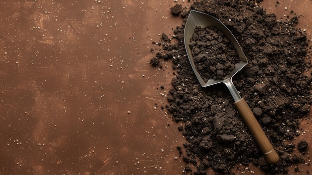 Metal gardening trowel with wooden handle is partially buried in rich dark soil on brown surface