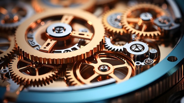 Metal gears of a watch mechanism Macro plane copy space