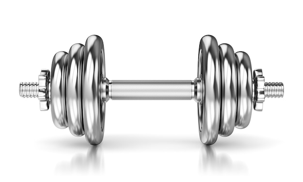 Metal glossy dumbbell isolated on white background, glossy floor. Fitness, bodybuilding and healthy lifestyle concept