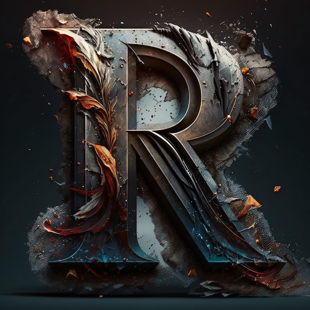 Metal Grunge Capital Letter R with Broken Glass 3D Render