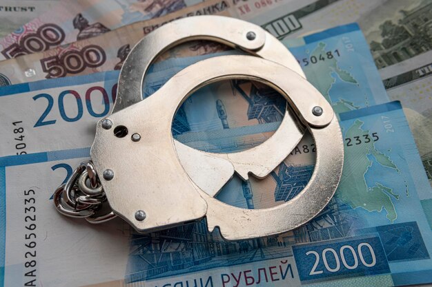 Metal handcuffs against the background of the cash currency russian ruble concept of bribery or criminal money