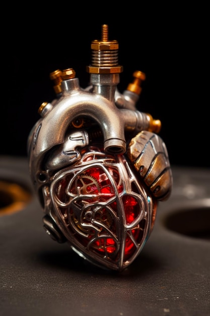 Metal heart with red light inside of it on black surface Generative AI