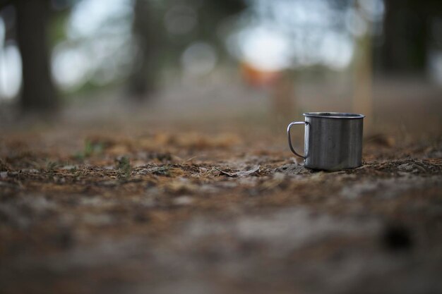 metal hiking mug in the woods Titan metal mug Hike in the woods Tea or coffee time while adventur