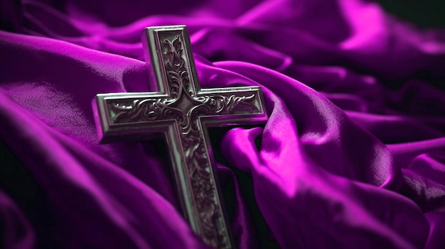 Metal Holy Cross with purple shawl background Lent season Holy week and Good friday concept