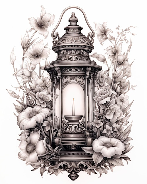 Metal Lantern Surrounded by Flowers