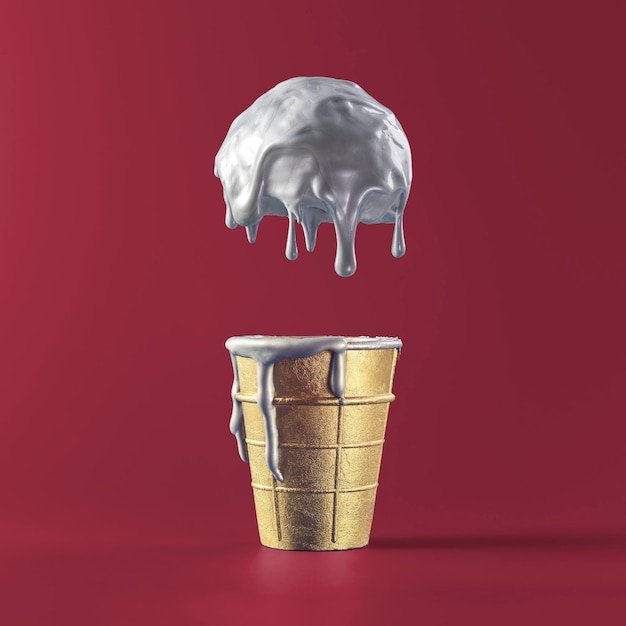 Metal melting ball of ice cream flew out of a waffle cup on a red background