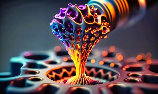 A metal nozzle depositing thin layers of molten plastic to form a 3D object