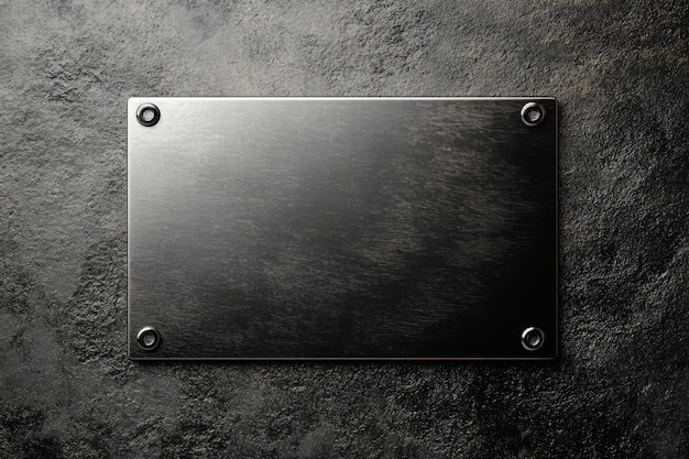 Photo metal office plate mockup positioned on a textured dark surface for branding and signage display at various business settings