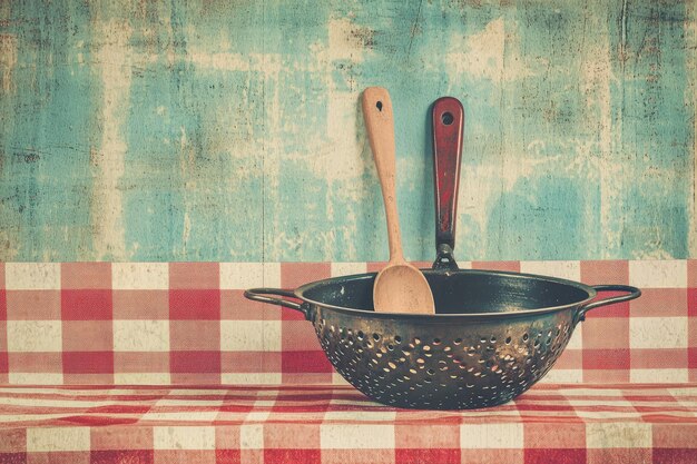 Photo a metal pan with a wooden spoon in it