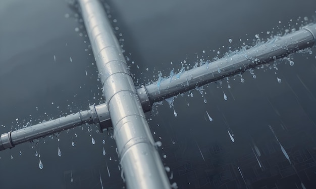 A metal pipe spraying water with water droplets visible in the air