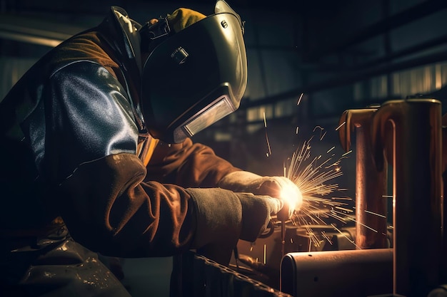 Metal pipe welding at a factory performed by an industrial worker Generative AI