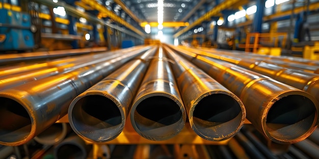 Metal pipes in an industrial production line at a factory construction site Concept Industrial Construction Factory Machinery Metal Pipes Production Line Site Development