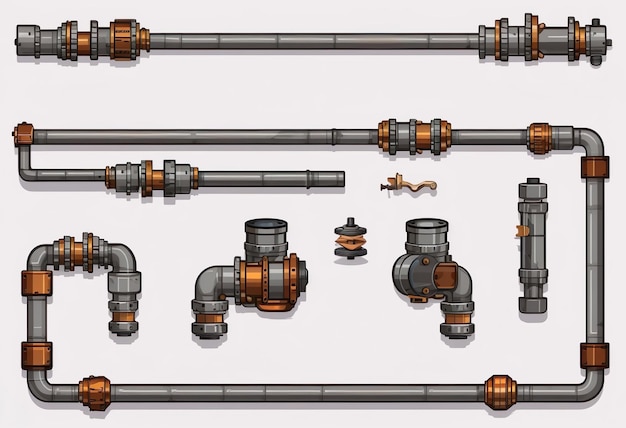 Metal pipes with valves set of connectors