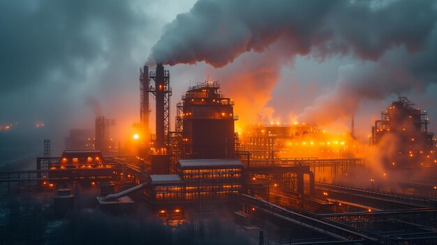 The metal plants smokestacks pierce sky casting a shadow over the surrounding landscape