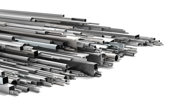 Metal profiles of various shapes and sizes on a white background. 3d render