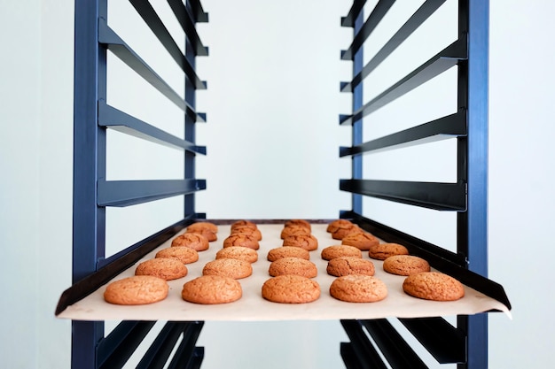 Metal rack with freshly baked cookies on a white background.