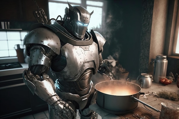 A metal robot cook prepares fresh food in a saucepan in the kitchen AI generated