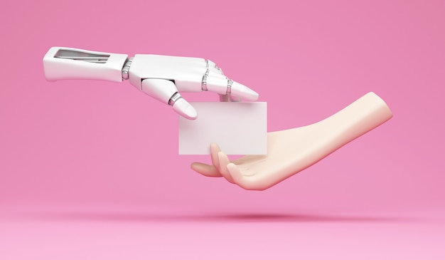 Metal Robotic Hand and Human Hand Holding Blank Card on pink