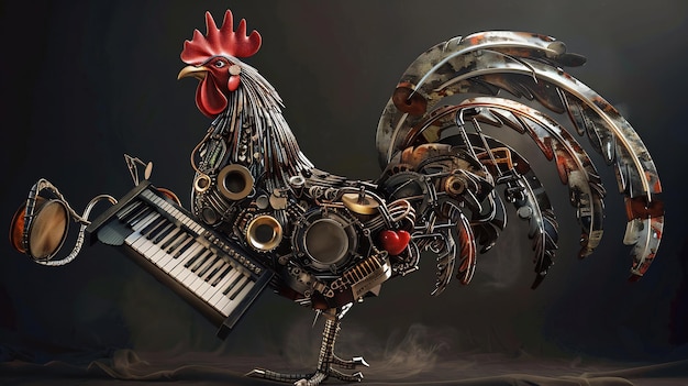 Metal Rooster With Keyboard and Drum