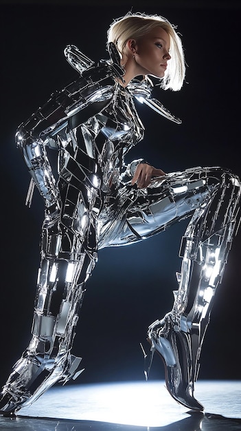 Photo a metal sculpture of a man on a black background with a silver metal object in front of it