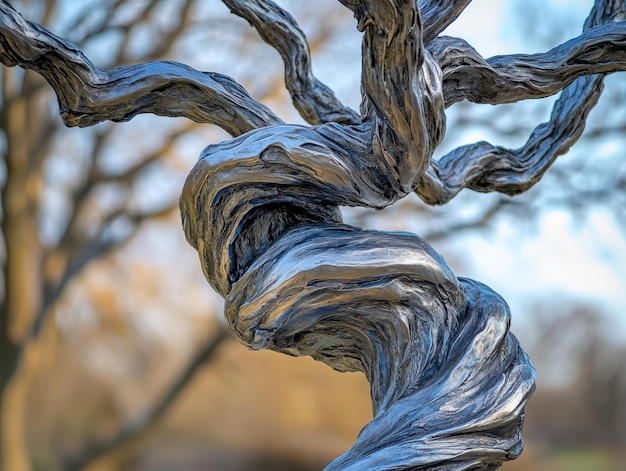 Photo metal sculpture of a tree with twisting bare branches