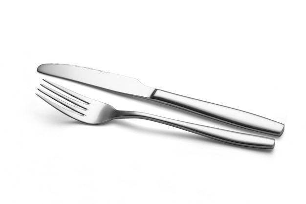 The metal shiny fork and knife on a white background