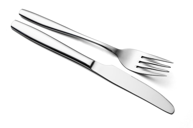 The metal shiny fork and knife on a white background