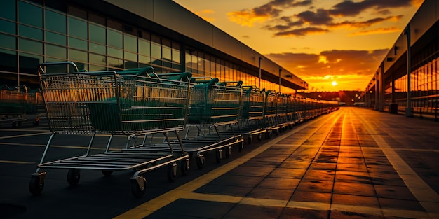 Metal shopping carts set in row outside at sunset Glass buildings of malls are on both sides from the road Low angle view Generative AI