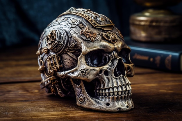 Metal skull sitting on top of wooden table next to book Generative AI