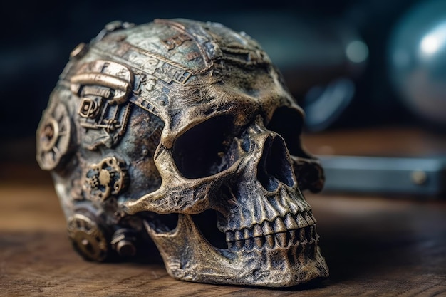 Metal skull sitting on top of wooden table next to cell phone Generative AI