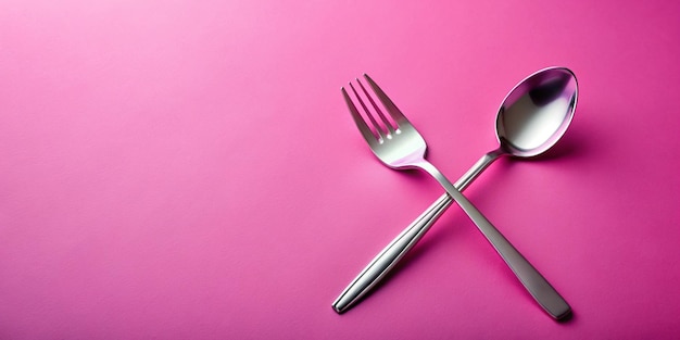 Photo metal spoon and fork isolated on pink background