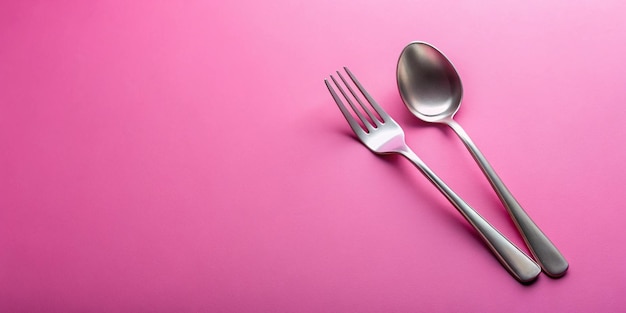 Photo metal spoon and fork set on pink background