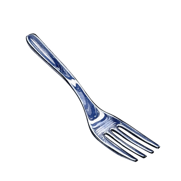 Metal stainless fork isolated on white background watercolor hand drawing realistic illustration