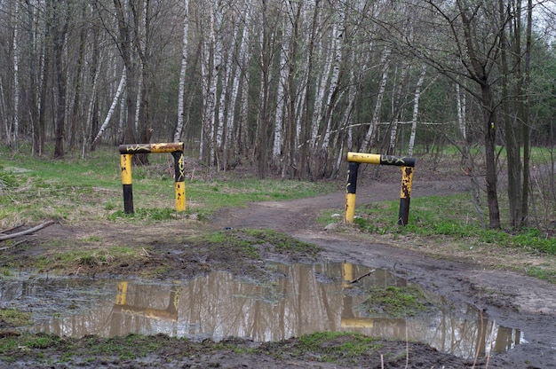 Metal structures and their reflection in a forest puddle on a cloudy morning