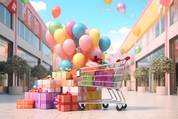 Metal supermarket shopping cart full of different colorful presents gift boxes Big sale banner concept