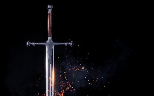 Metal sword on a dark background with clouds 3d render