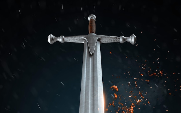 Metal sword on a dark background with snow 3d render