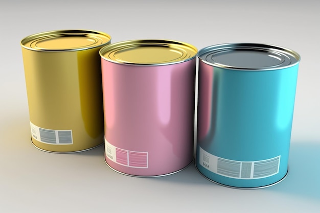 Metal tin cans cmyk color paint on white background