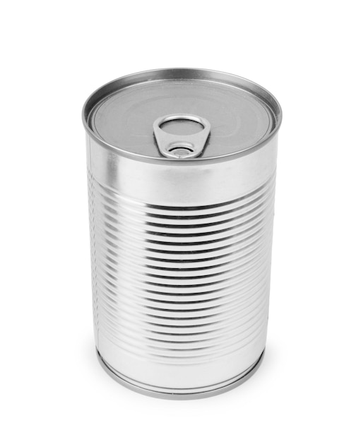 Metal tin cans foods fruits Vegetables legumes tuna meat easy open on white background high and low angle