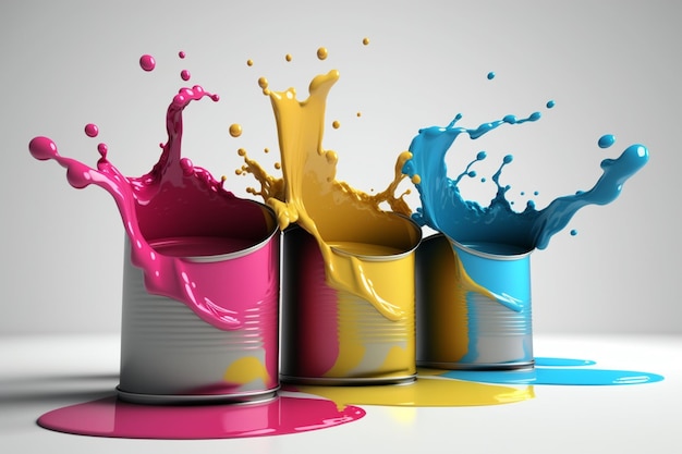 Metal tin cans pouring cmyk color paint