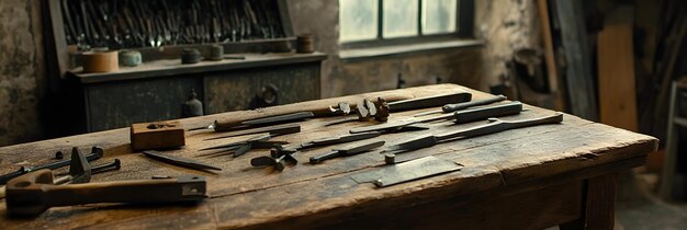 Photo metal tools arranged on a wooden workbench