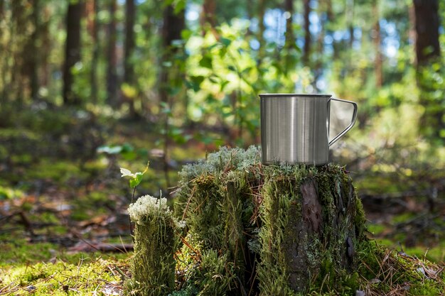 Metal tourist mug with hot drink stands on stump in the forest