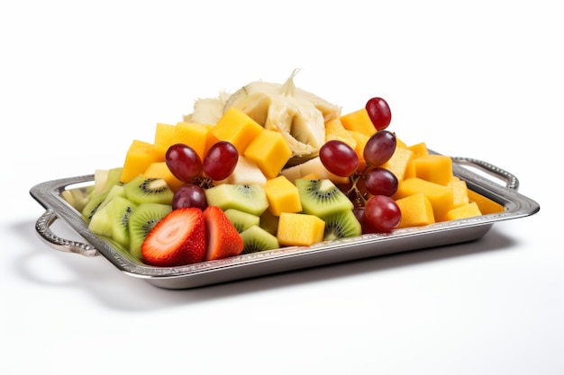 Metal Tray With Assorted Fresh Fruit Cuts On a White or Clear Surface PNG Transparent Background