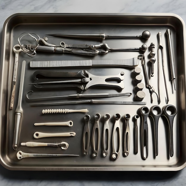 a metal tray with tools including scissors scissors and other tools