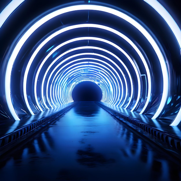 Photo a metal tunnel that has a blue and neon light