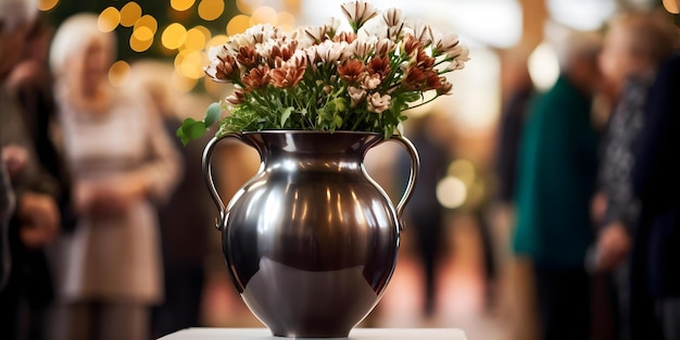 Metal urn at a funeral service with mourners paying their respects Concept Funeral Service Mourners Paying Respects Metal Urn Somber Atmosphere