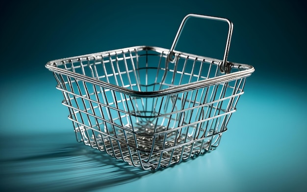 A metal wire supermarket basket on a blue background Generative AI