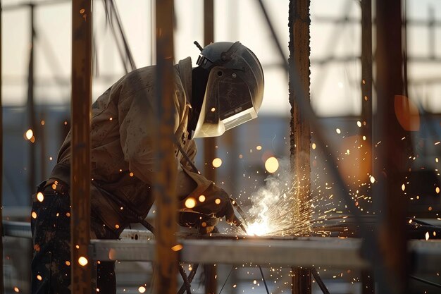 Metal worker welder in factory focused on welding steel Safety equipment protective gear in use