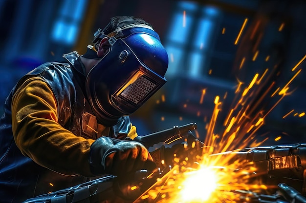 metal worker welder working with arc welding machine in factory while wearing safety equipment