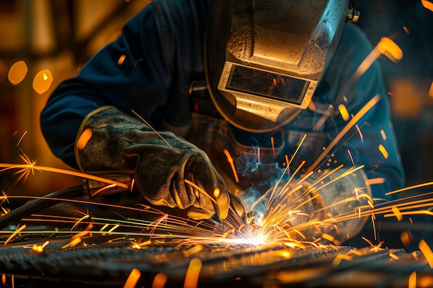 Metal worker welding steel in factory sparks and light Craftsman in safety gear helmet mask at